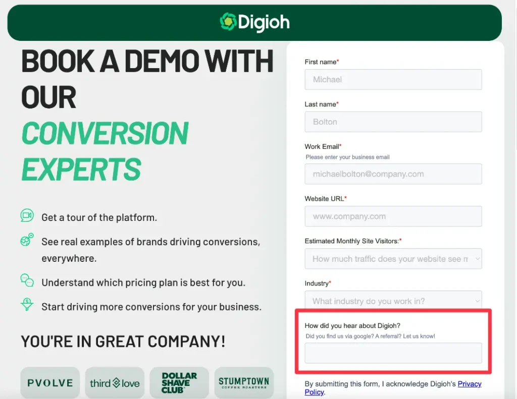 Alt: Screenshot of demo request page with the field “How did you hear about Digioh?” highlighted.