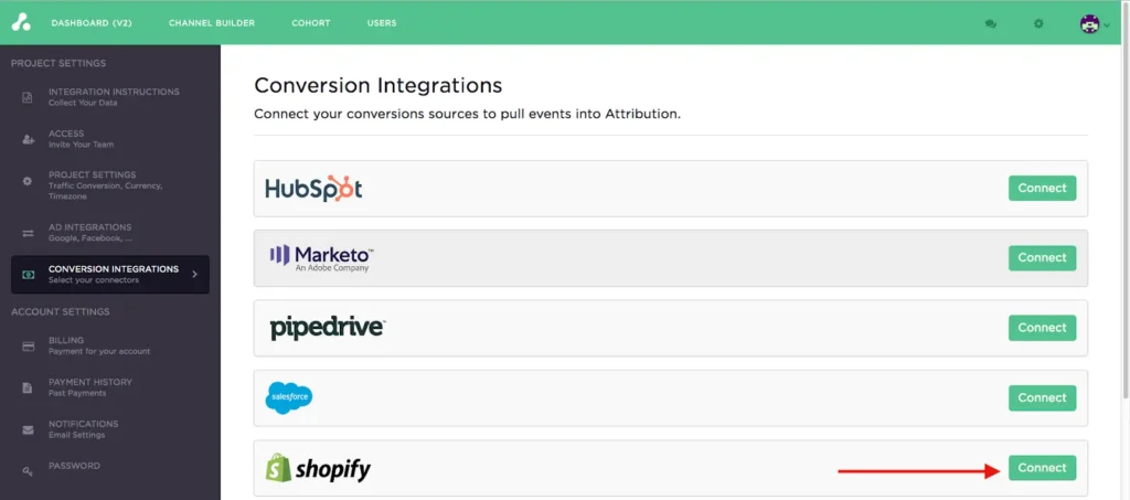Screenshot of Attribution’s conversion integration page with an arrow pointing to a pre-built connector button.