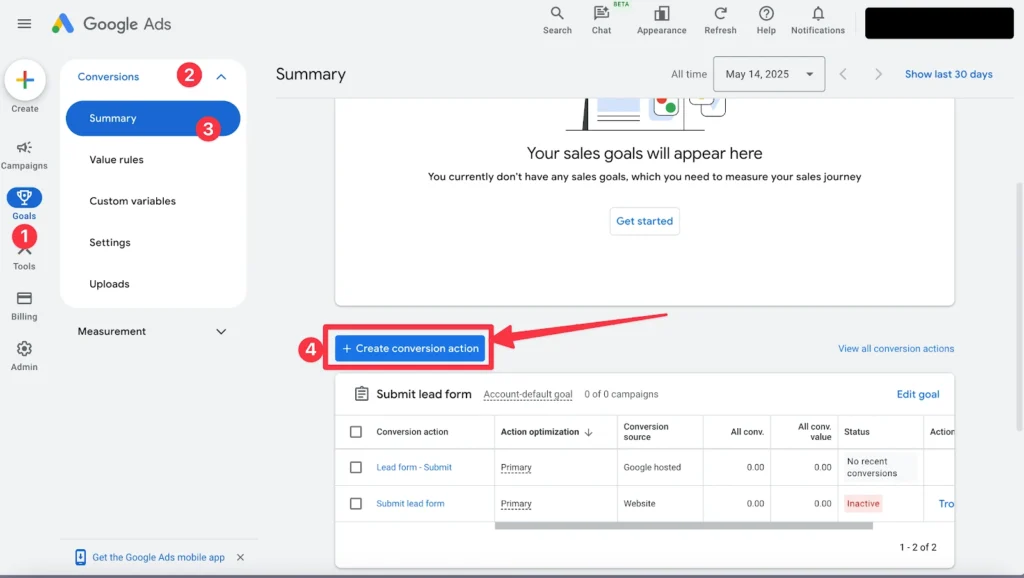 Screenshot of Google Ads interface, with numbered steps for accessing the “Create conversion action” button.