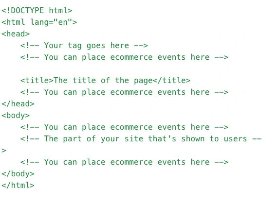 Screenshot of HTML sample snippet showing where to place E-Commerce event tags.