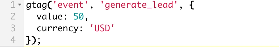 Screenshot of a JavaScript code snippet for a lead generation Gtag with conversion value parameter.