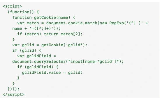 Screenshot of a code snippet to populate form fields with click ID from a cookie.