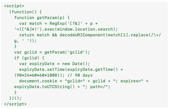 Screenshot of code snippet for capturing Click IDs from a URL using JavaScript.