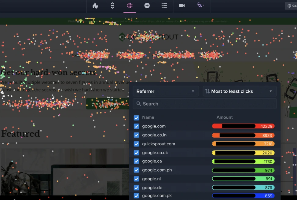 Screenshot of Crazy Egg confetti click analysis.