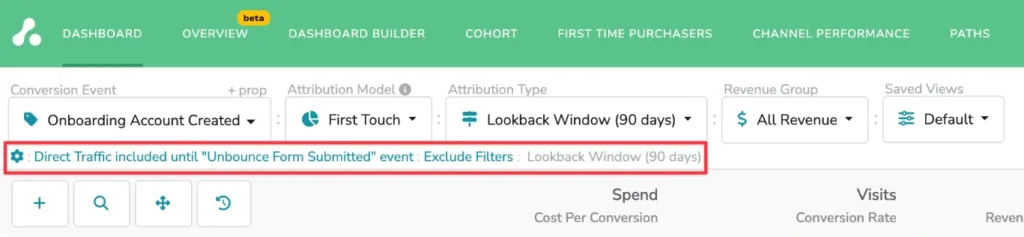 Screenshot highlighting custom attribution rules in the dashboard