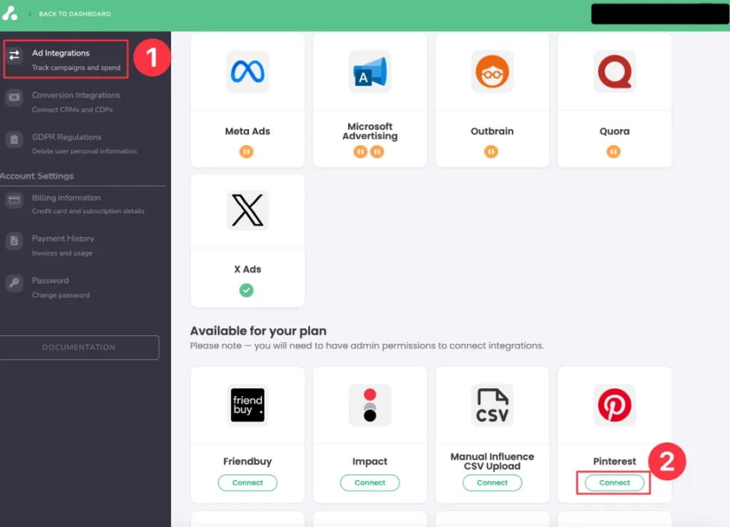 Screenshot of Ad integrations page