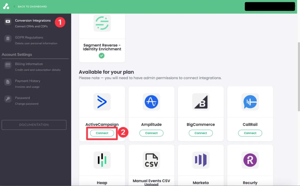 Screenshot of Conversion integrations page