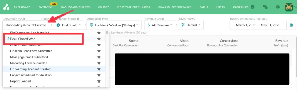 Screenshot of dashboard with Deal: Closed Win conversion event highlighted